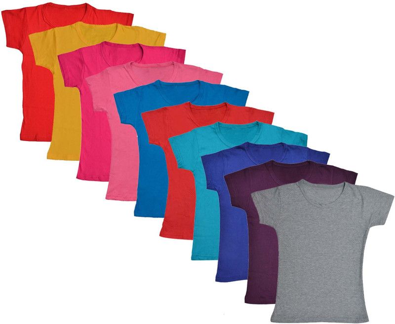 Girls Solid Cotton Blend T Shirt  (Multicolor, Pack of 10)