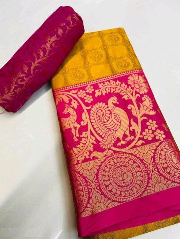 Color Block, Temple Border, Striped, Blocked Printed, Woven, Solid/Plain, Checkered Mundum Neriyathum Jacquard, Cotton Silk Saree  (Gold, Pink)