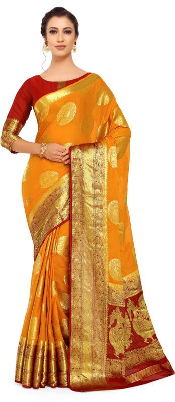 Embellished Kanjivaram Chiffon Saree  (Gold)