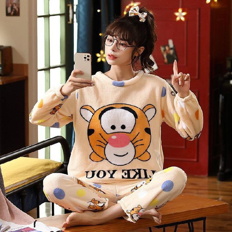 Women Night Suit Set Beige Printed
