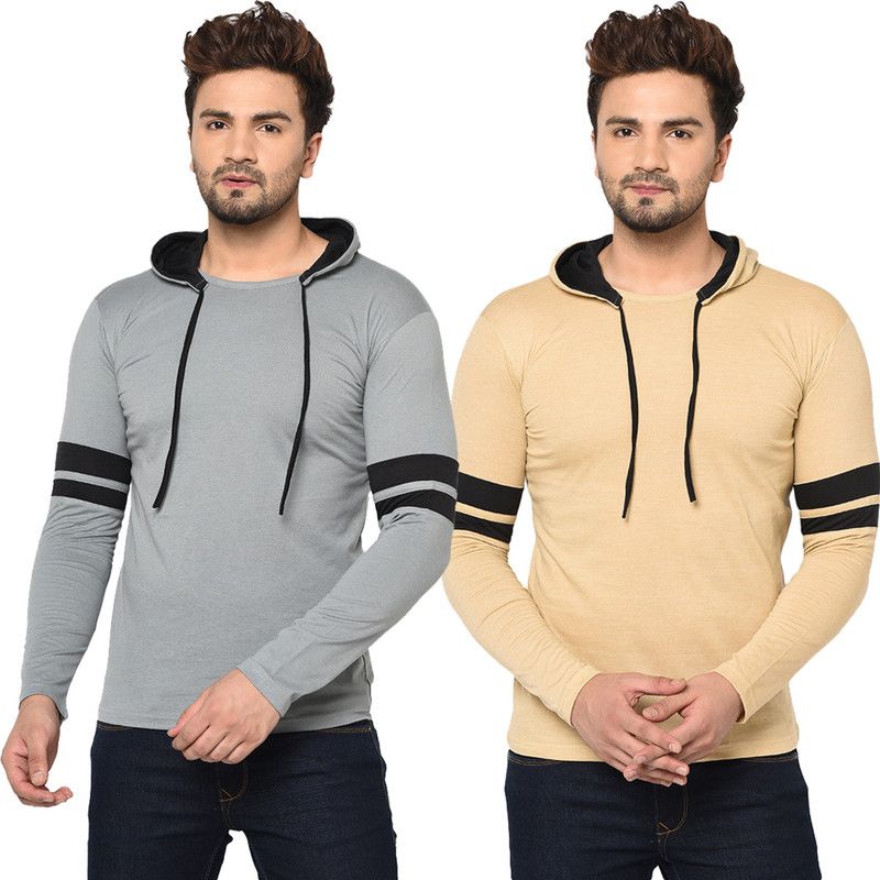 Pack of 2 MZM Men Solid Hooded Neck Cotton Blend Black, Beige, Grey T-Shirt