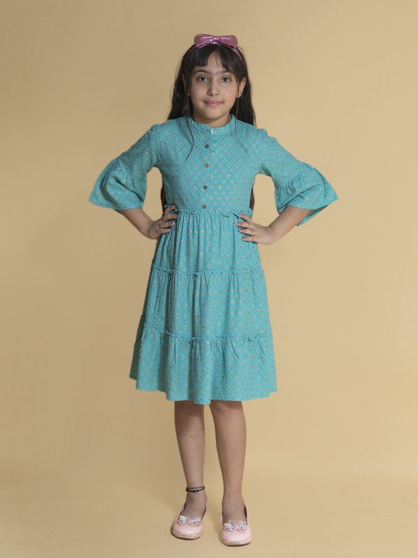 Girls Below Knee Casual Dress  (Light Blue, 3/4 Sleeve)