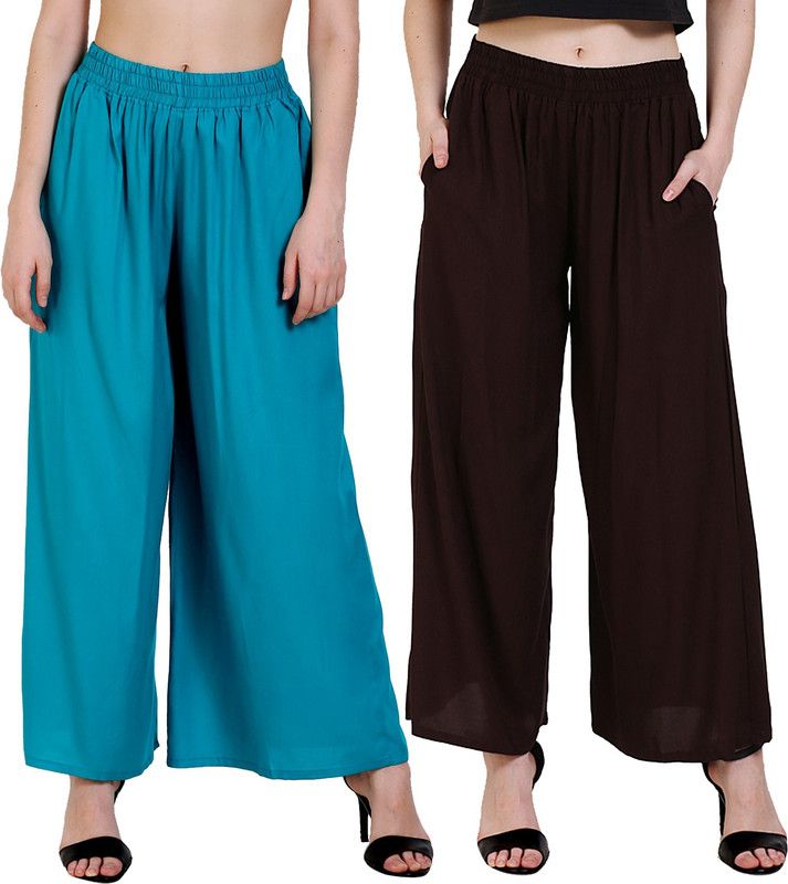 Pack of 2 Women Regular Fit Light Blue, Brown Cotton Blend Trousers