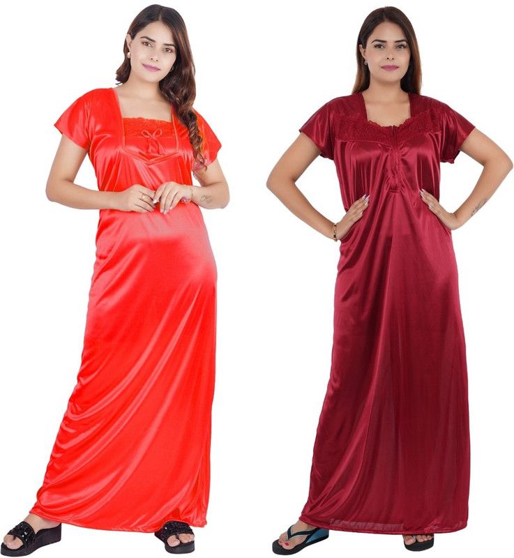Pack of 2 Women Nighty  (Red, Maroon)