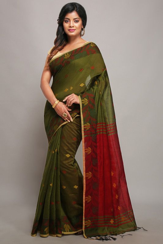Woven Handloom Cotton Silk Saree  (Green, Red)