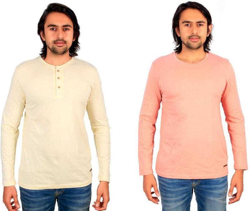 Pack of 2 Men Solid Henley Neck Cotton Blend Pink, Yellow T-Shirt