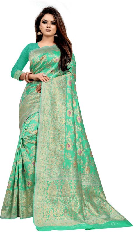 Floral Print Banarasi Jacquard Saree  (Green)
