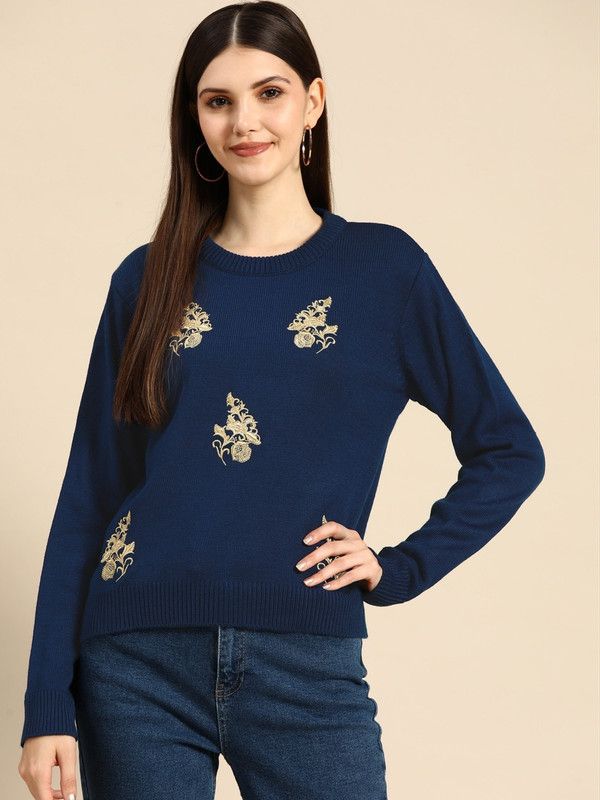 Women Embroidered Round Neck Dark Blue Sweater