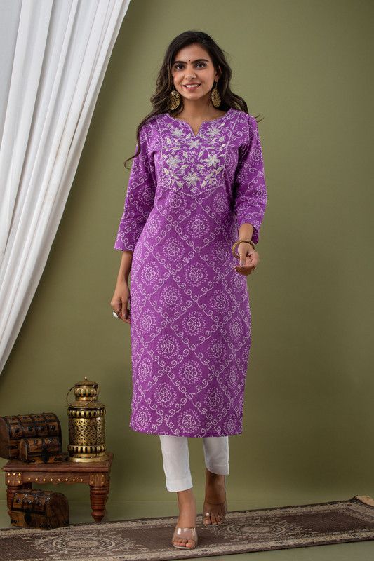 Women Bandhni Print Kurta  (Purple)