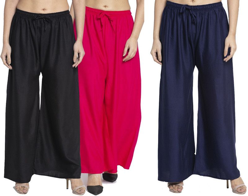 Pack of 3 Women Flared Black, Pink, Dark Blue Viscose Rayon Trousers