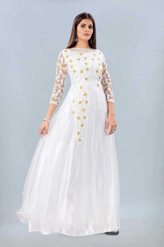 Embroidered Net Semi Stitched Anarkali Gown  (White)