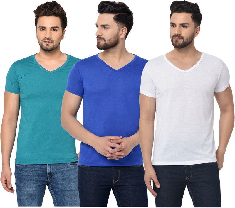 Pack of 3 Men Solid V Neck Cotton Blend White, Green, Blue T-Shirt