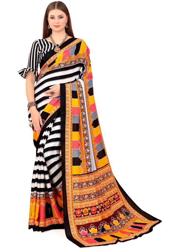 Geometric Print, Striped, Floral Print Bollywood Silk Blend Saree  (White, Black)