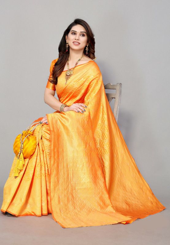 Woven, Self Design Banarasi Silk Blend, Cotton Silk Saree  (Yellow)