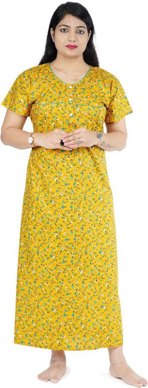 Self Design Pure Cotton Stitched Straight Gown  (Yellow)