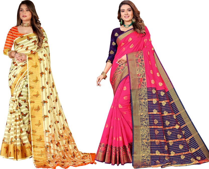 Striped, Woven Banarasi Pure Cotton Saree  (Pack of 2, Orange, Pink)