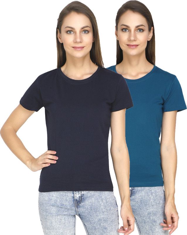 Pack of 2 Women Solid Round Neck Cotton Blend Dark Blue, Blue T-Shirt