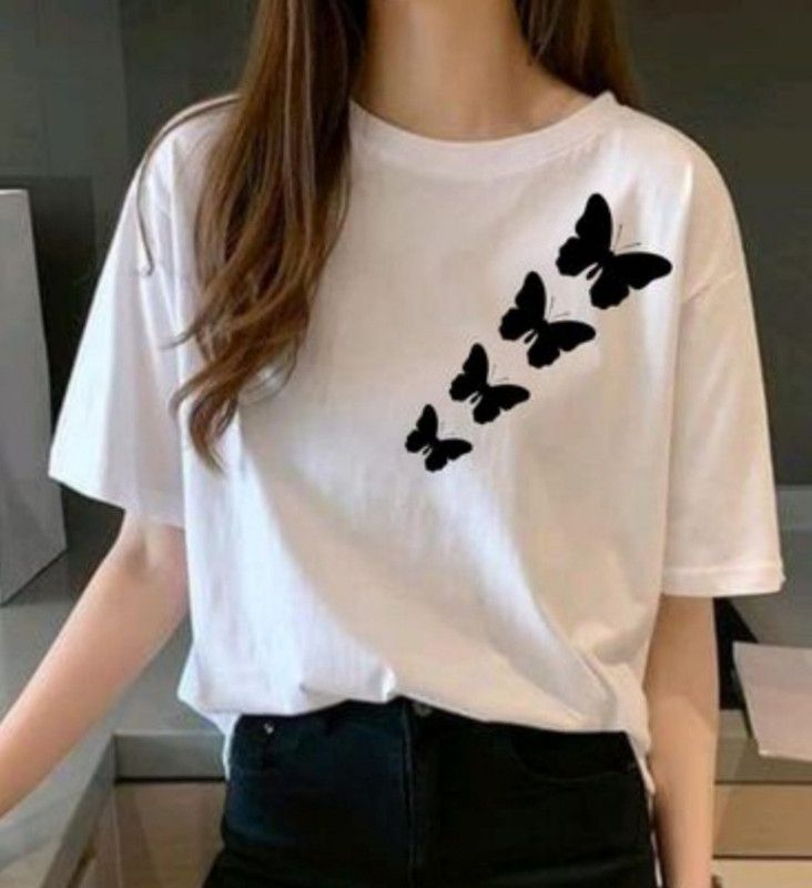 Half Sleeve Round Nack Butterfly Printed White T-Shirt For Women And Girls Women Printed Round Neck Cotton Blend White T-Shirt