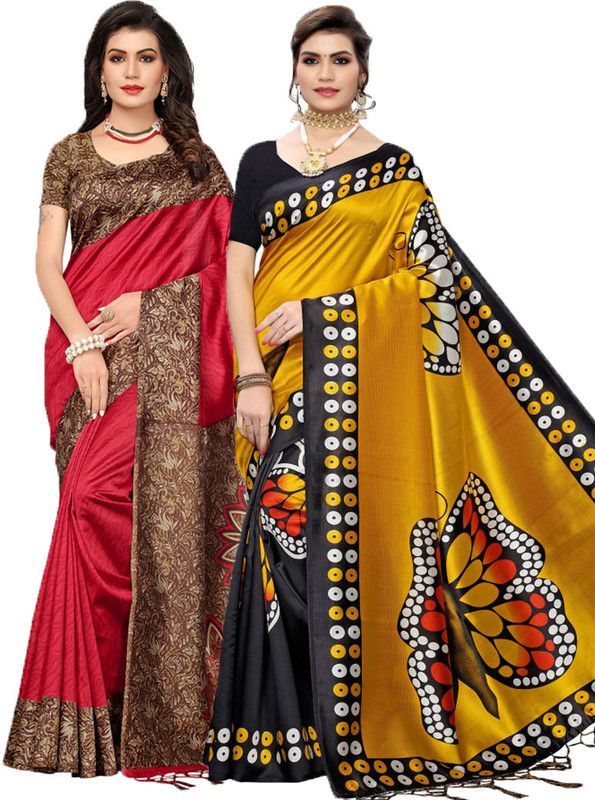 Geometric Print Daily Wear Georgette Saree  (Pack of 2, Red, Black)