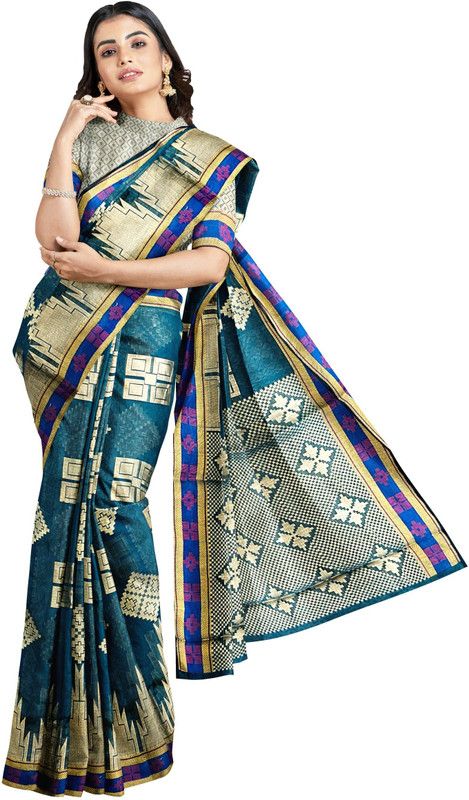 Printed Patola Cotton Blend Saree  (Dark Green, Blue)