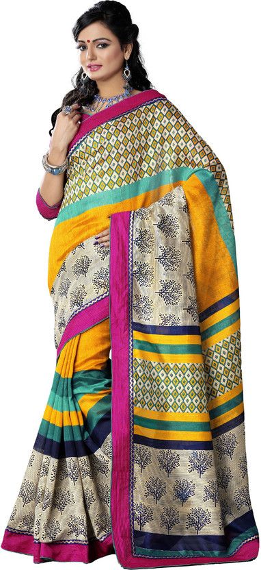 Printed Bhagalpuri Silk Blend Saree  (Beige, Yellow)