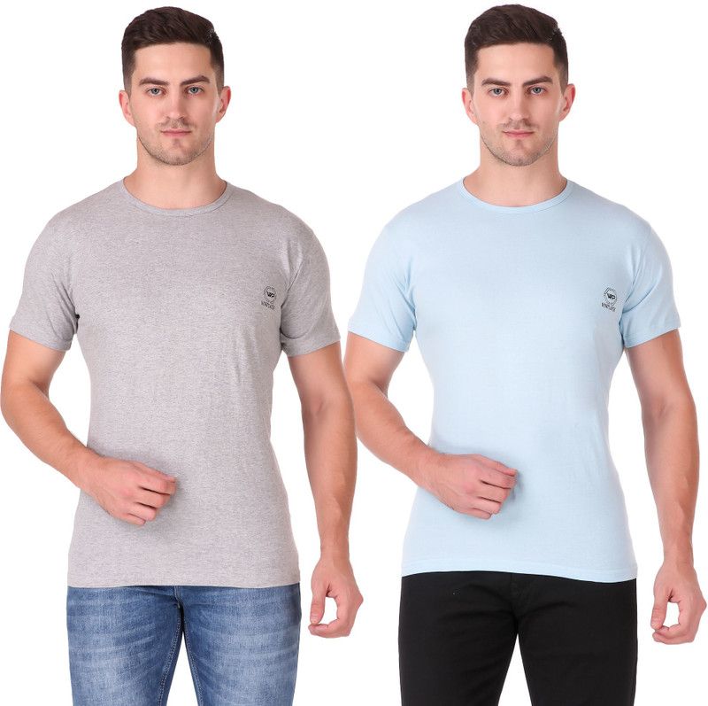 Pack of 2 Men Printed Round Neck Pure Cotton Light Blue, Grey T-Shirt