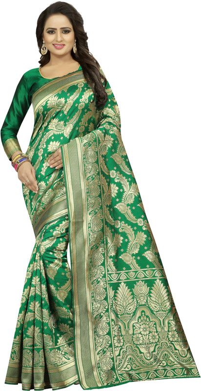 Embellished Banarasi Cotton Silk Saree  (Green)