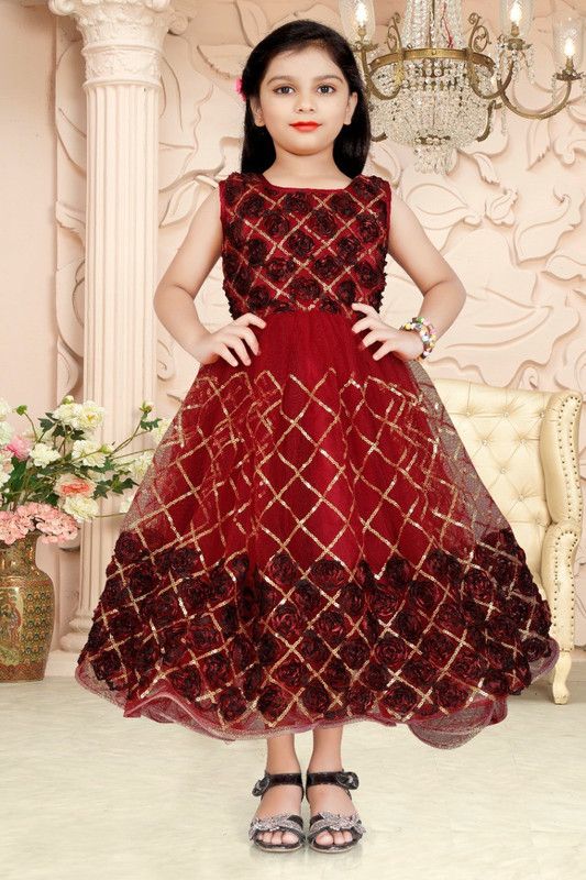 Disney Princess Girls Maxi/Full Length Festive/Wedding Dress  (Maroon, Sleeveless)