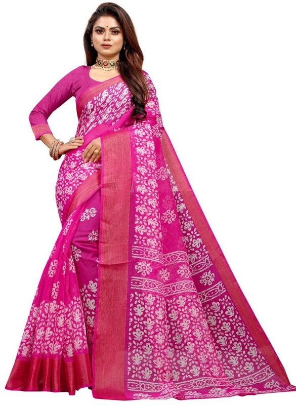 Printed Banarasi Pure Cotton Saree  (Pink)