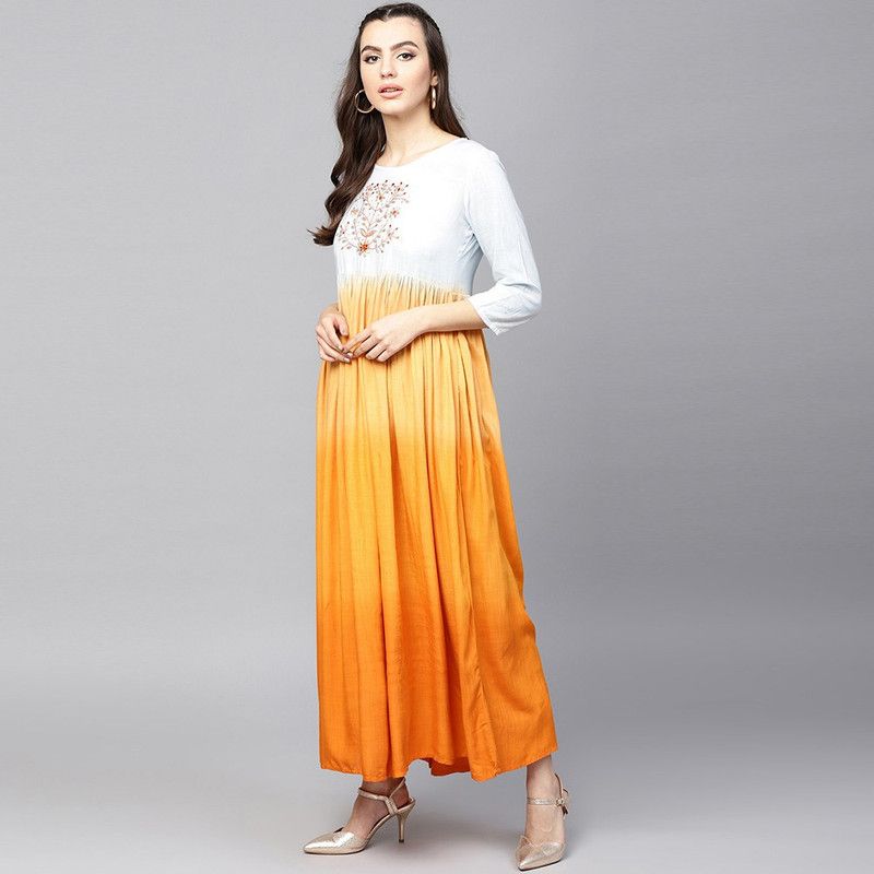 Women Embroidered Viscose Rayon Flared Kurta  (White, Orange)