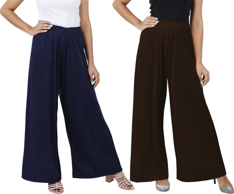 Pack of 2 Women Flared Blue, Brown Cotton Blend Trousers