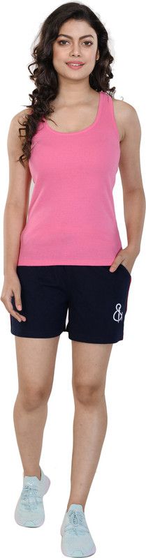 Women Solid Pink, Dark Blue Top & Shorts Set