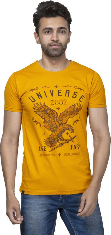 Men's Cotton Slim Fit casual Round Neck T- Shirt Men Printed Round Neck Cotton Blend Yellow T-Shirt