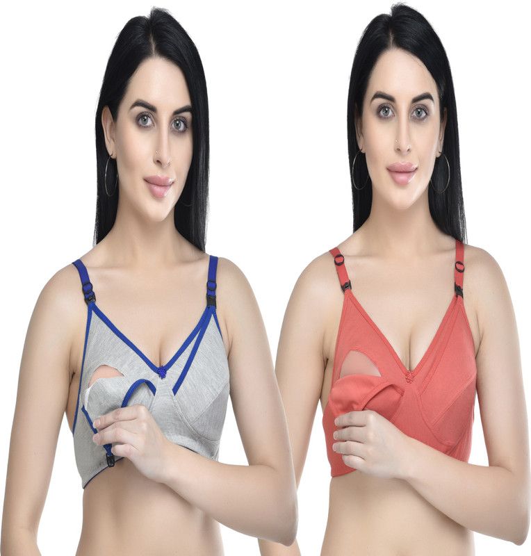 Pack of 2 Women Maternity/Nursing Non Padded Bra  (Orange, Blue)