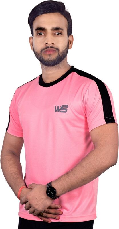 Men Colorblock Round Neck Polyester Pink, Black T-Shirt