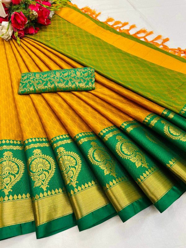 Woven Banarasi Jacquard, Cotton Silk Saree  (Green, Yellow)