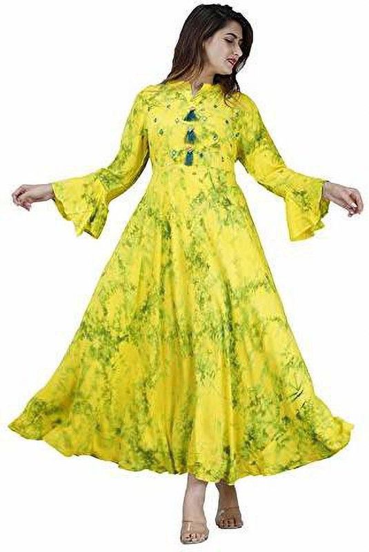 Women Dyed/Ombre Viscose Rayon Gown Kurta  (Yellow)