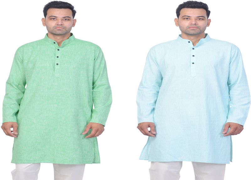 Pack of 2 Men Self Design Cotton Linen Straight Kurta  (Green, Light Green)