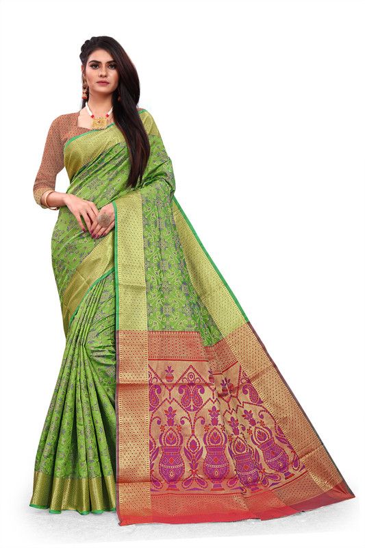Woven Patola Cotton Silk Saree  (Green)
