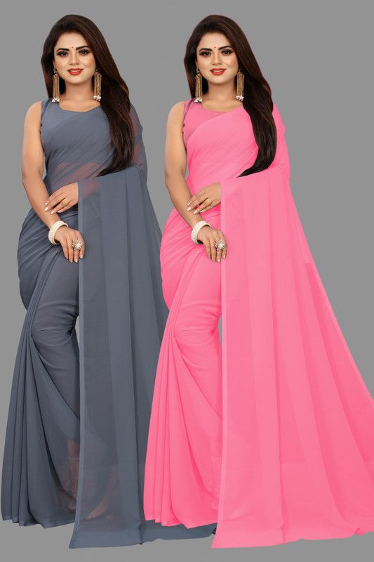 Solid/Plain Bollywood Georgette Saree  (Pack of 2, Pink, Grey)
