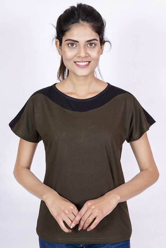Women Colorblock Round Neck Cotton Blend Brown, Black T-Shirt