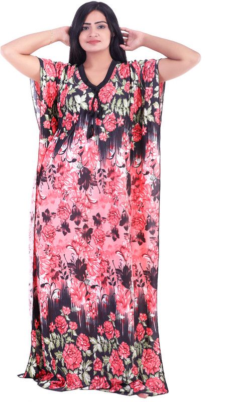 Floral Print Pure Satin Women Kaftan