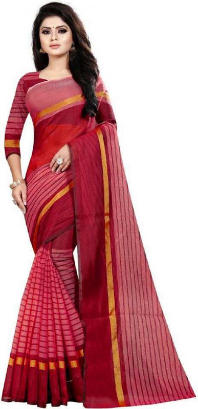 Printed Tant Cotton Blend Saree  (Red)