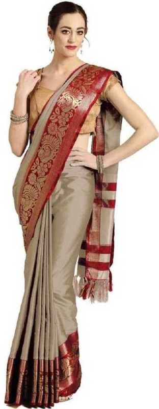 Woven Kanjivaram Cotton Blend, Jacquard Saree  (Cream)