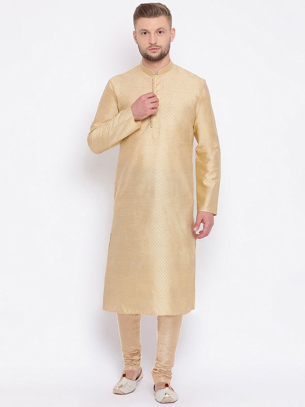 Men Self Design Dupion Silk Straight Kurta  (Beige)