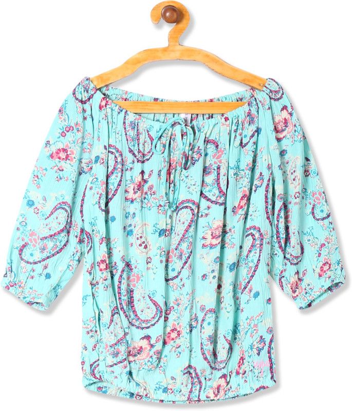 Girls Casual Cotton Rayon Blend Off Shouldered Top  (Blue, Pack of 1)