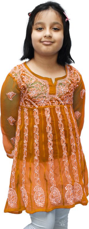Girls Self Design Georgette Straight Kurta  (Orange)