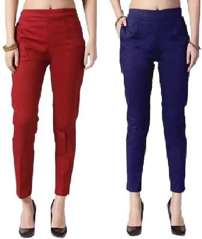 Pack of 2 Women Regular Fit Maroon, Blue Cotton Blend Trousers