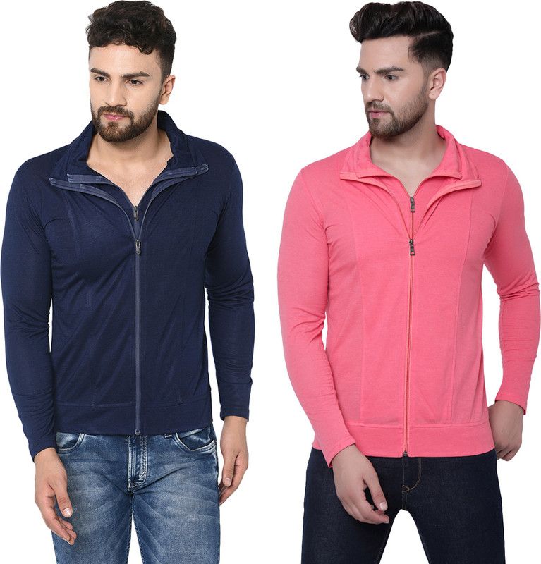Pack of 2 MZM Men Solid High Neck Cotton Blend Dark Blue, Pink T-Shirt