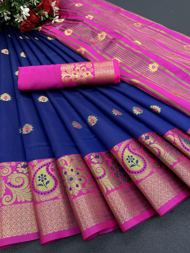 Woven Banarasi Jacquard, Cotton Silk Saree  (Gold, Blue, Pink)